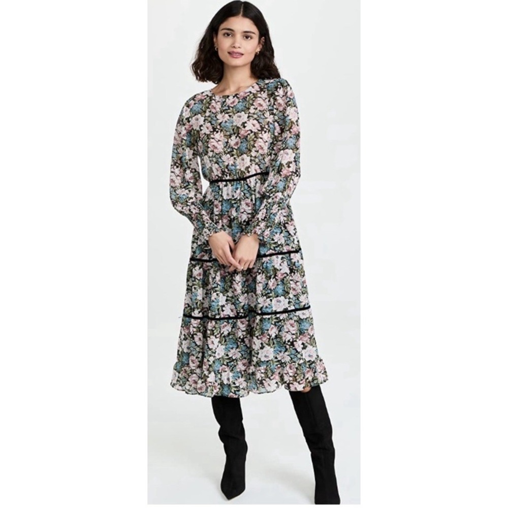 En Saison Floral Midi Dress Small Tiered Pastel Chiffon Rose Cottagecore